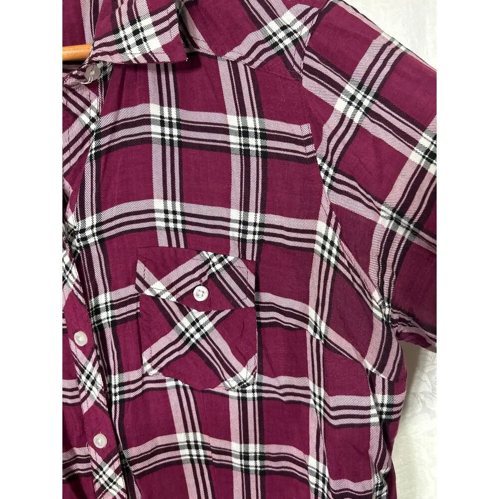 Torrid Button Up 1 1X Burgundy Plaid Lightweight - Picture 3 of 10